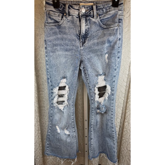 Risen Jeans Distressed Cropped Flare Raw Hem Denim Jeans Women's 7 / Waist 28 - Picture 1 of 8